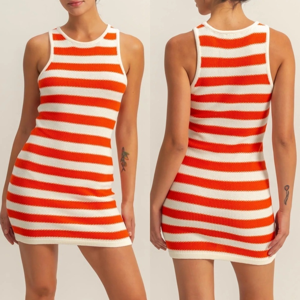 NEW HYFVE Tomato & Cream Striped Sleeveless Bodycon Mini Dress Size Large
